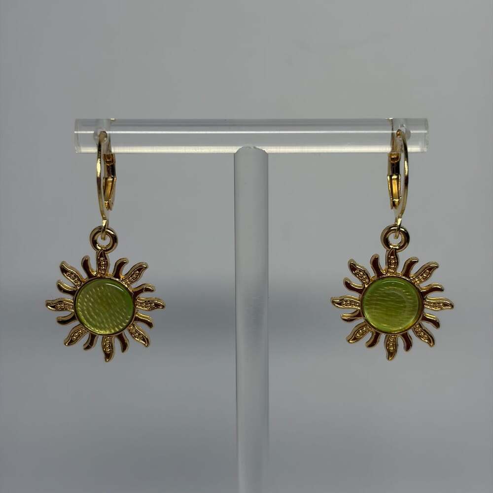 Stainless Steel Gold Green Sun Huggie Hoop Dangle Earrings